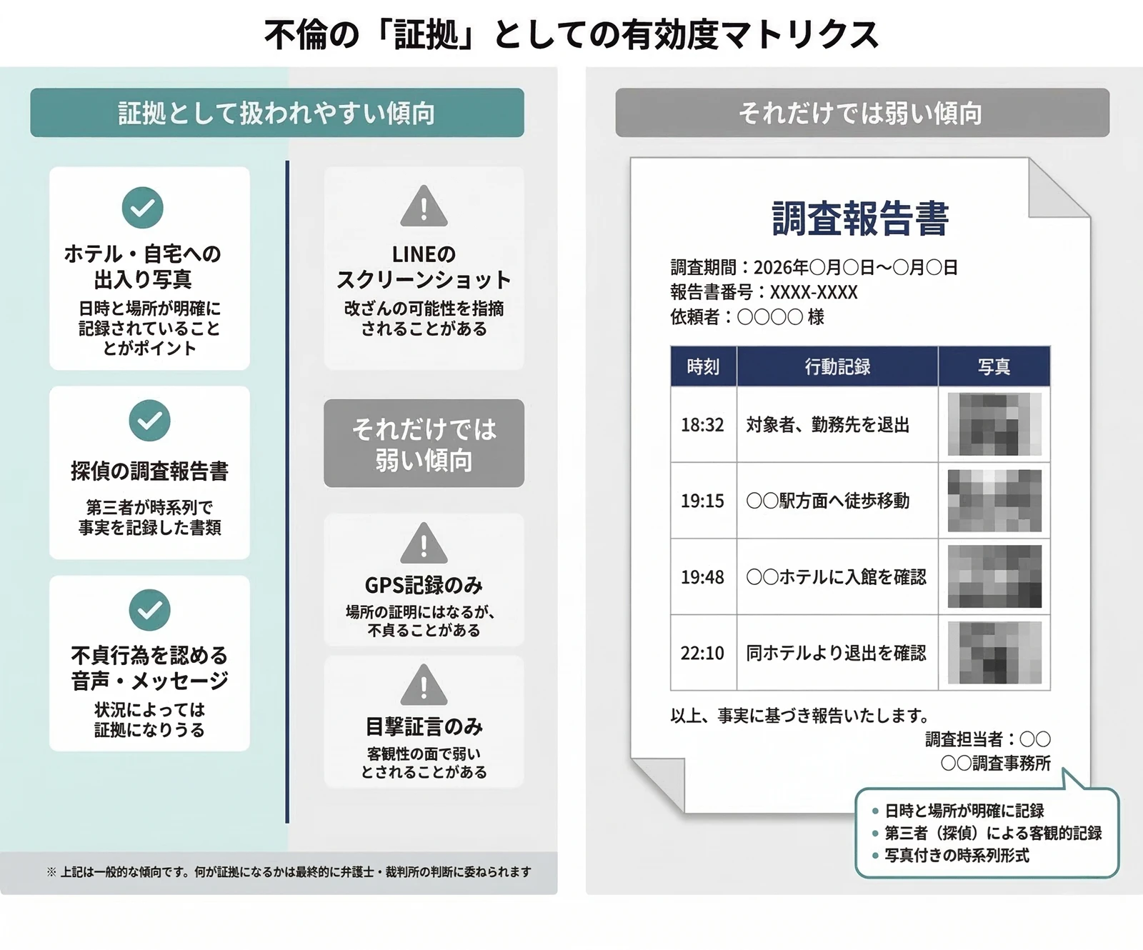 不倫の証拠の有効度マトリクスと探偵の調査報告書イメージ — 証拠として扱われやすいもの・扱われにくいものの整理